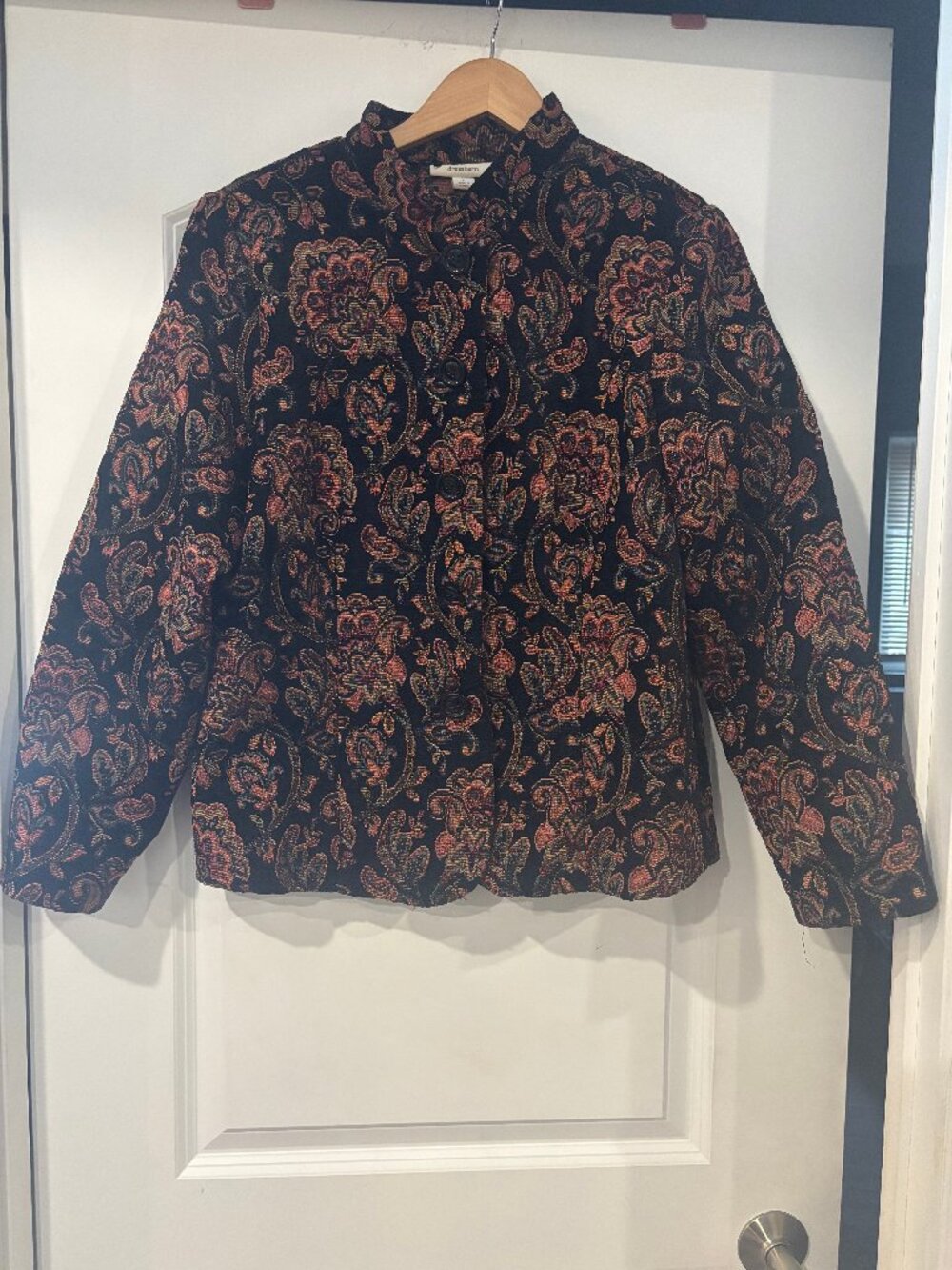 Vintage Y2K Dressbarn Whimsigoth Black Pink Floral Tapestry Jacket Sz L